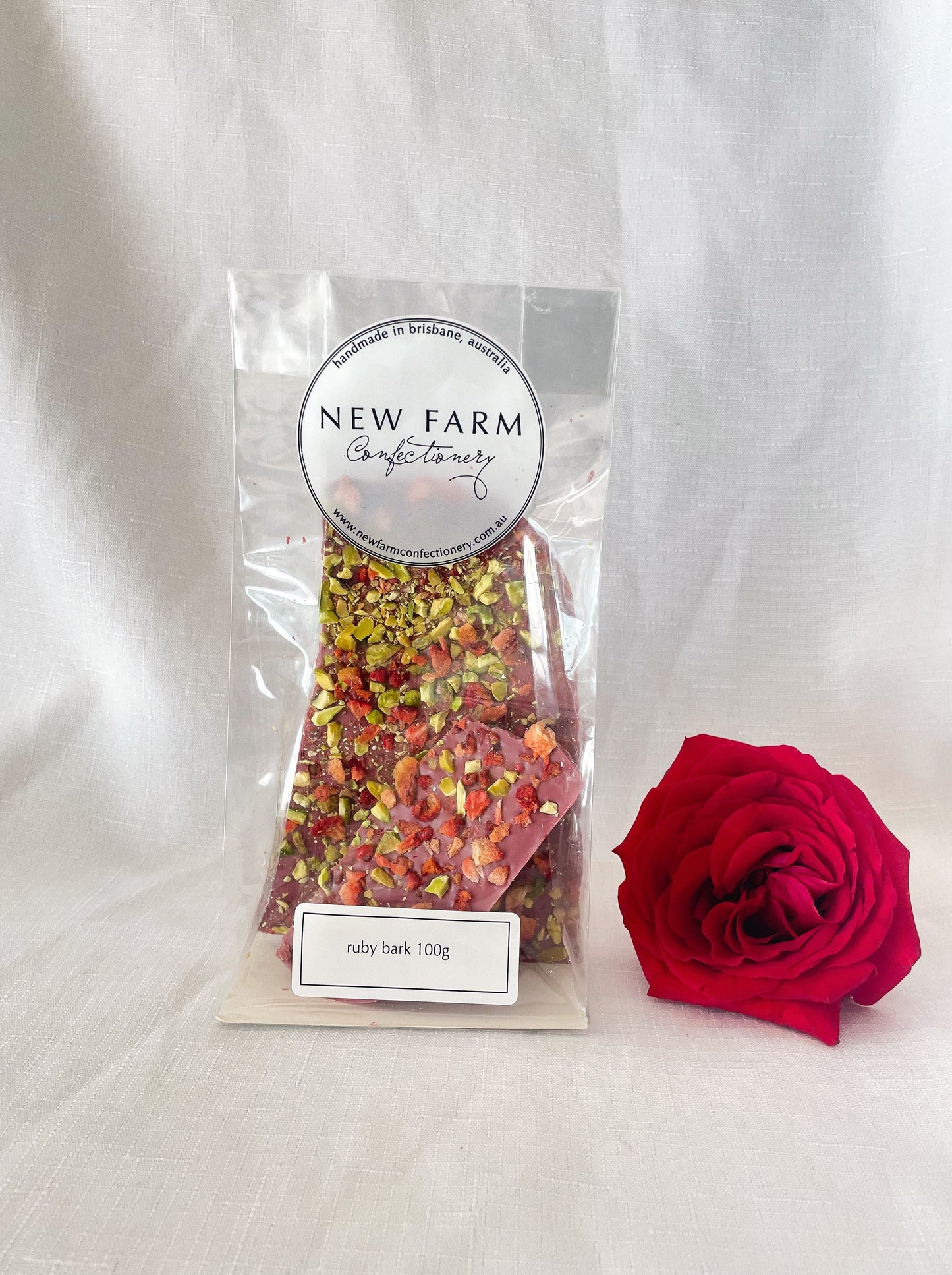 Strawberry, Pistachio, Pink Peppercorn Ruby Chocolate Bark 100g┃New Farm Confectionary